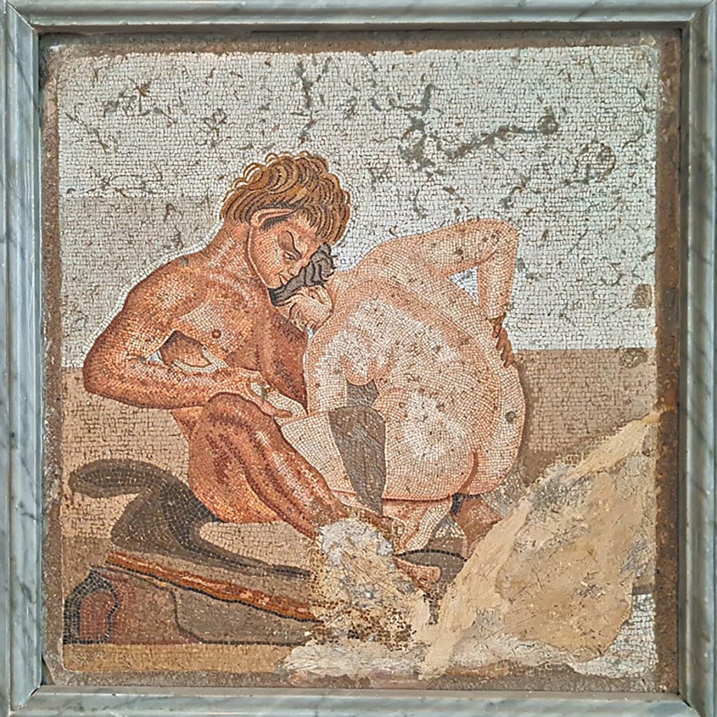 VI.12.2 Pompeii. September 2024. Mosaic emblema from cubiculum 28 in south-east corner of atrium.
According to Naples Archaeological Museum display-board, this mosaic was found in this room. Inventory number 27707. 
Photo courtesy of Giuseppe Ciaramella.