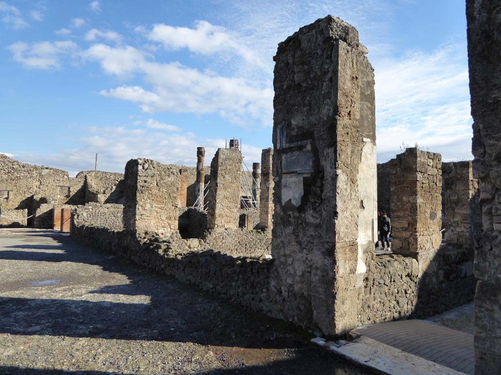 VI.12.2 Pompeii. January 2017. 
Looking south-east across south portico and rear of rooms looking over it, with doorway from room 35, on right.
In the centre is the tablinum, with room 34, centre left.
Foto Annette Haug, ERC Grant 681269 DÉCOR.