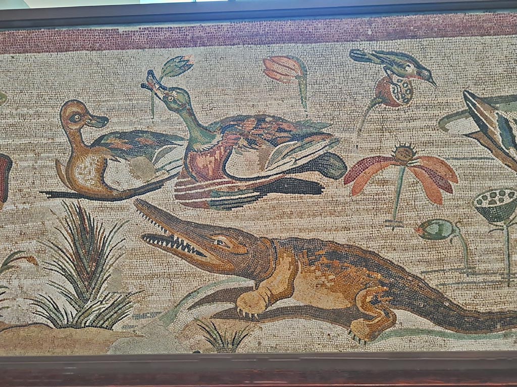 VI.12.2 Pompeii. September 2024. 
Detail from mosaic of Nilotic scene, including ducks, birds and crocodile. Photo courtesy of Giuseppe Ciaramella.