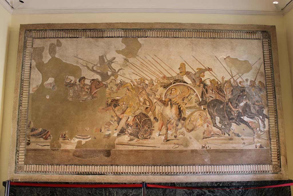 VI.12.2 Pompeii. March 2014. Original Alexander mosaic found in VI.12.2 on 24th October 1831. 
Now in Naples Archaeological Museum. Inventory number 10020.
Foto Annette Haug, ERC Grant 681269 DÉCOR.
See Fiorelli G., 1862. Pompeianarum antiquitatum historia, Vol. 2: 1819 - 1860, Naples, p. 250.