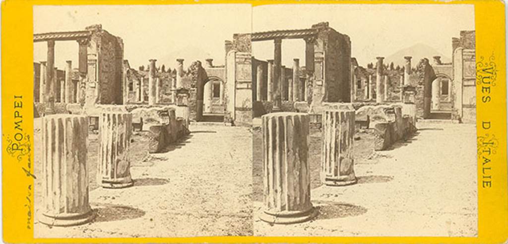 VI.12.2 Pompeii. 19th century stereo postcard. Looking north across first or middle peristyle from east portico, towards exedra and oecus on its north side. On the right can be seen the corridor to the Second or Rear peristyle. Photo courtesy of Rick Bauer.