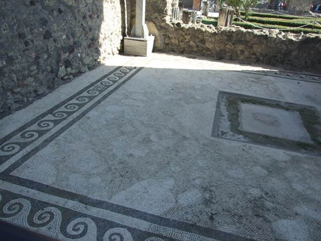 VI.12.2 Pompeii. March 2009. 
Oecus or triclinium on west side of corridor, on south side of second/rear peristyle, looking south over east end of mosaic floor.