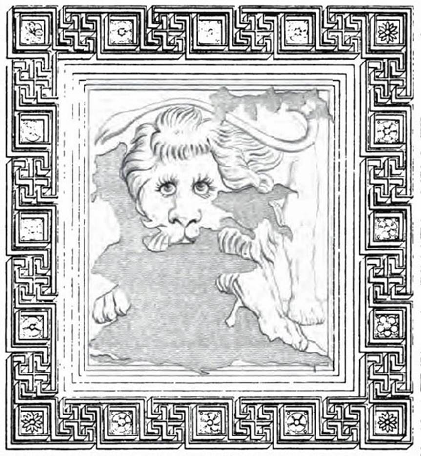 VI.12.2 Pompeii. 1833. Drawing of mosaic emblema of a lion, found in centre of oecus/triclinium floor, room 42 (but room 40 on Breton original plan).
According to Breton, when found this was badly damaged, and for that reason was not taken to the Museum.
See Breton, Ernest. 1870. Pompeia, Guide de visite a Pompei, 3rd ed. Paris, Guerin. 
According to Pagano and Prisciandaro, this beautiful mosaic of a lion was found in many fragments.
It was found in 1831, see PAH II, 250.
See Pagano, M. and Prisciandaro, R., 2006. Studio sulle provenienze degli oggetti rinvenuti negli scavi borbonici del regno di Napoli.  Naples : Nicola Longobardi. (p.146)
See Real Museo Borbonico IX, Pl. 55. (1833).