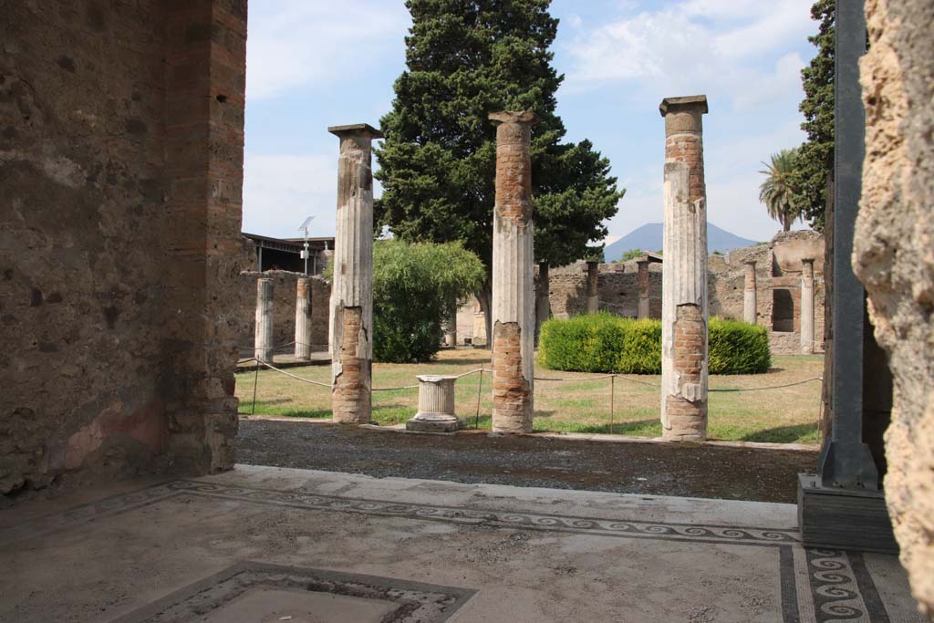 VI.12.2 Pompeii. September 2021. 
Looking north-west across mosaic floor of oecus/triclinium and site of emblema in centre. Photo courtesy of Klaus Heese.