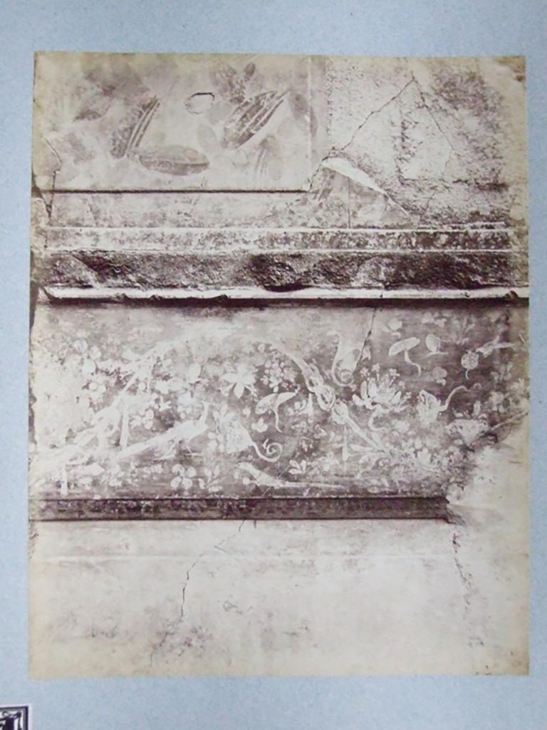 VI.12.2 Pompeii. Old undated photograph. Oecus 44. 
Courtesy of Society of Antiquaries. Fox Collection.
In the collection it is labelled as “Frieze in Winter Triclinium from the House of Sallust”.
Anne Laidlaw, the Director of Excavations of the House of Sallust, has confirmed for us that it is in fact from the House of the Faun.
See Laidlaw, A., 1985. The first style in Pompeii: painting and architecture. Giorgio Bretschneider (Pl. 49c).