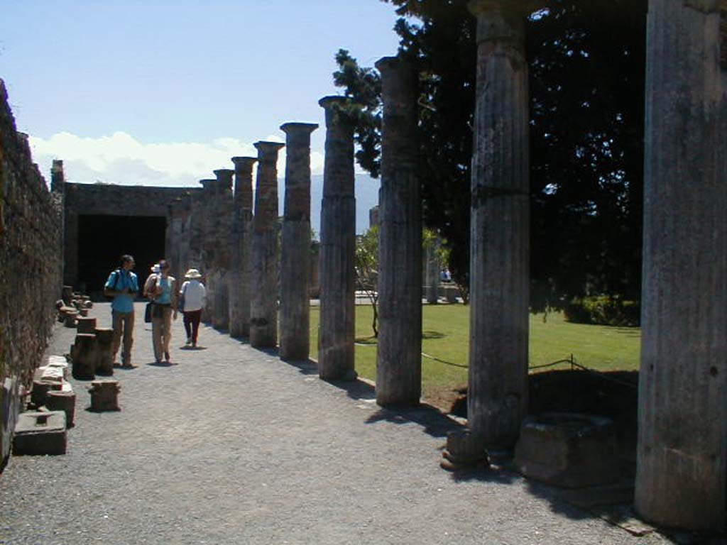 VI.12.2 Pompeii. May 2004. Looking south along east portico of rear peristyle. 
According to Jashemski, the rear peristyle was enclosed by 43 stuccoed columns.
Below the two middle columns of the south portico there was a marble puteal, and beside it a marble table supported by a winged sphinx with the feet of a dog. Fragments of two statuettes were found in the garden.
See Jashemski, W. F., 1993. The Gardens of Pompeii, Volume II: Appendices. New York: Caratzas. (p.145)