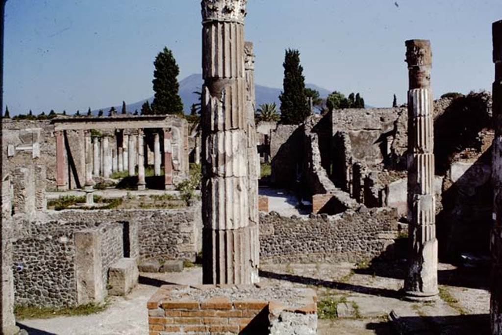 VI.12.5 Pompeii. 1968. Looking north across west side of Tetrastyle atrium. Photo by Stanley A. Jashemski.
On the left is the partly rebuilt north wall of west ala 11, and the rear rebuilt east wall of ala 30 of VI.12.2, leading into north-west corner. 
Source: The Wilhelmina and Stanley A. Jashemski archive in the University of Maryland Library, Special Collections (See collection page) and made available under the Creative Commons Attribution-Non Commercial License v.4. See Licence and use details.
J68f1313