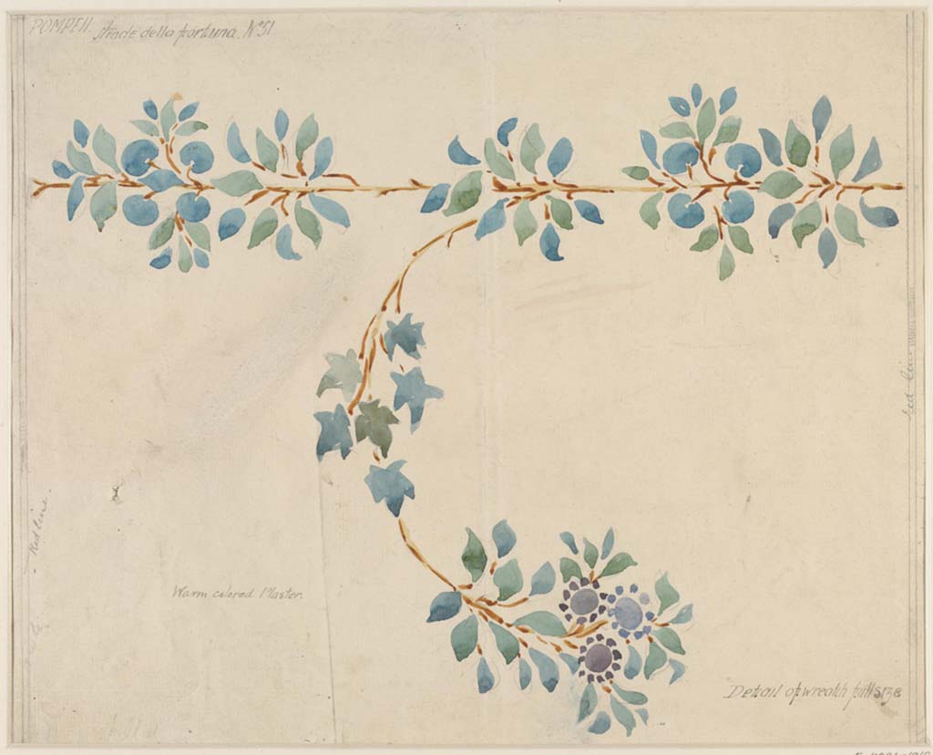 VI.12.6 Pompeii. c. March 1879. 
Painting by Sydney Vacher, described as from Strada della Fortuna 51, detail from upper wall. 
Photo © Victoria and Albert Museum, inventory number E.4381-1910.