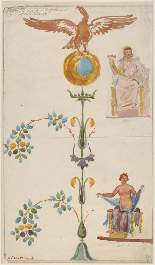VI.12.6 Pompeii. c. March 1879. Painting by Sydney Vacher, described as from Strada della Fortuna 51, detail from upper wall. 
Photo © Victoria and Albert Museum, inventory number E.4380-1910.
