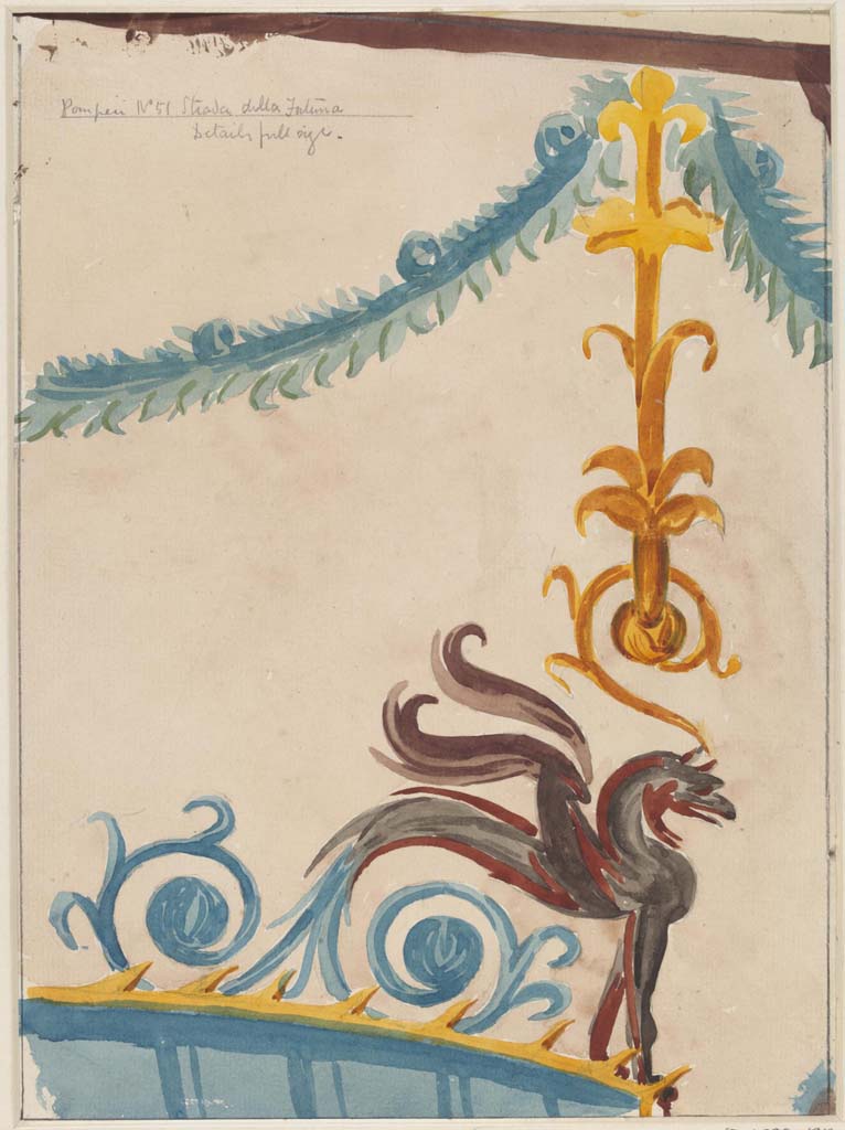 VI.12.6 Pompeii. c. March 1879. 
Painting by Sydney Vacher, described as from Strada della Fortuna 51, “full size” detail from upper wall. 
Photo © Victoria and Albert Museum, inventory number E.4382-1910.