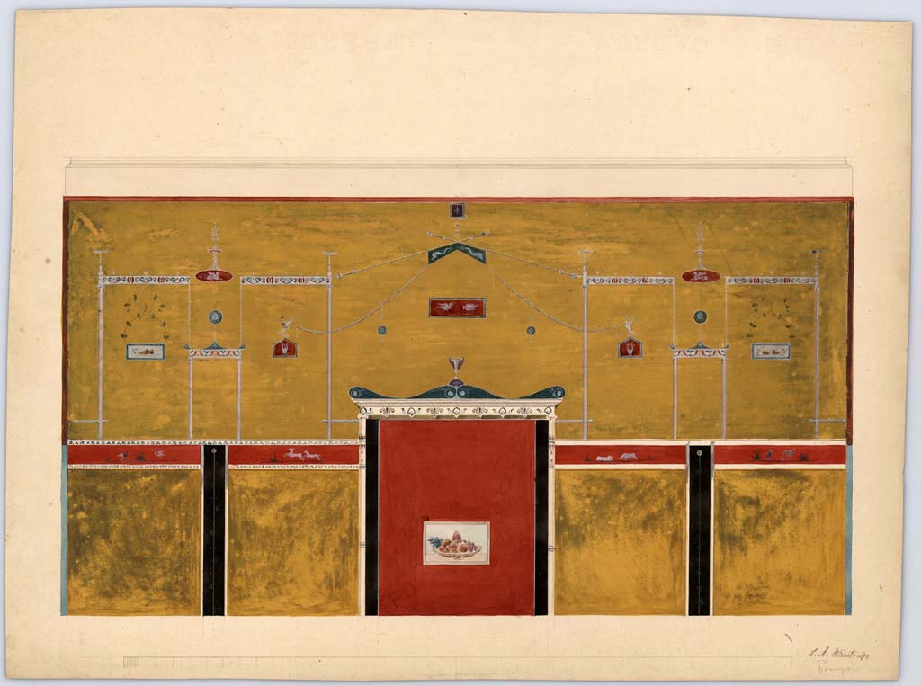 VI.13.2 Pompeii. 1849. Painting by Laurits Albert Winstrup of west wall of cubiculum, the middle room on west side of atrium. 
Destroyed and demolished by 1943 bombing.
Photo © Danmarks Kunstbibliotek, inventory number ark_6189.