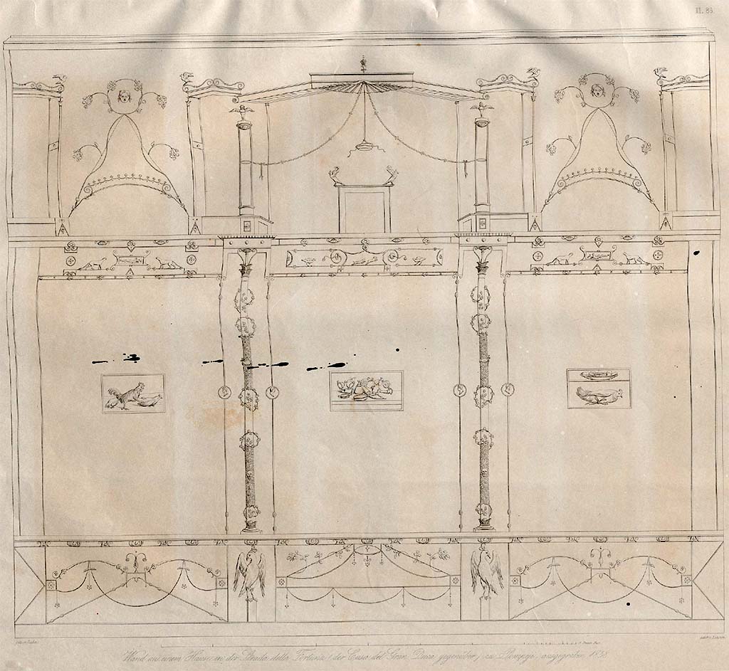 VI.13.2 Pompeii. 1842 drawing by Zahn of east wall of tablinum
See Zahn, W., 1842. Die schönsten Ornamente und merkwürdigsten Gemälde aus Pompeji, Herkulanum und Stabiae: II. Berlin: Reimer, Taf. 86.
