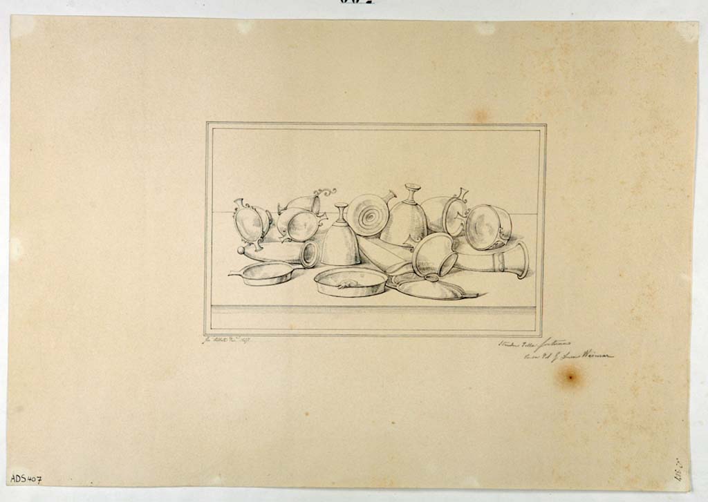 VI.13.2 Pompeii. 1837. East wall of the tablinum, central panel. Drawing by G. Abbate of bronze vessels, including cups, plates, a flask and a drinking horn,
Now in Naples Archaeological Museum. Inventory number ADS 407.
Photo © ICCD. http://www.catalogo.beniculturali.it
Utilizzabili alle condizioni della licenza Attribuzione - Non commerciale - Condividi allo stesso modo 2.5 Italia (CC BY-NC-SA 2.5 IT)
