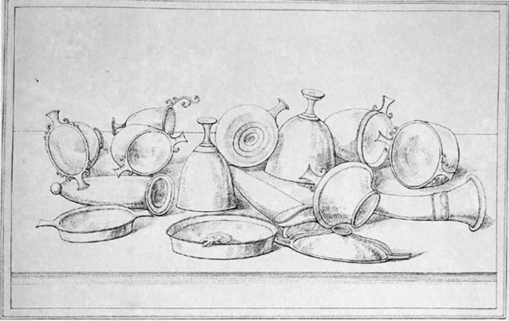 VI.13.2 Pompeii. 1837. East wall of the tablinum, central panel.
Drawing by G. Abbate of bronze vessels, including cups, plates, a flask and a drinking horn, 
According to CulturaItalia, “Il disegno raffigura un corredo di recipienti metallici, probabilmente in bronzo, disposti in ordine sparso su un piano. 
Si riconoscono "skyphoi", "kàntharoi", tegami, un "rhytòn"”.
The drawing depicts a set of metal containers, probably in bronze, arranged in no particular order onto a flat surface.  
You can recognize "skyphoi", "kàntharoi", tegami, and a "rhytòn".
Photo courtesy of CulturaItalia and its contributors whose copyright it remains.