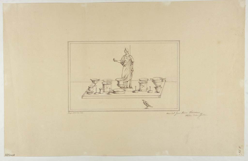 VI.13.2 Pompeii. 1837. East wall of the tablinum, central panel. Drawing by G. Abbate of drinking vessels arranged around a statue of Athena. 
Now in Naples Archaeological Museum. Inventory number ADS 408.
Photo © ICCD. https://www.catalogo.beniculturali.it
Utilizzabili alle condizioni della licenza Attribuzione - Non commerciale - Condividi allo stesso modo 2.5 Italia (CC BY-NC-SA 2.5 IT)
