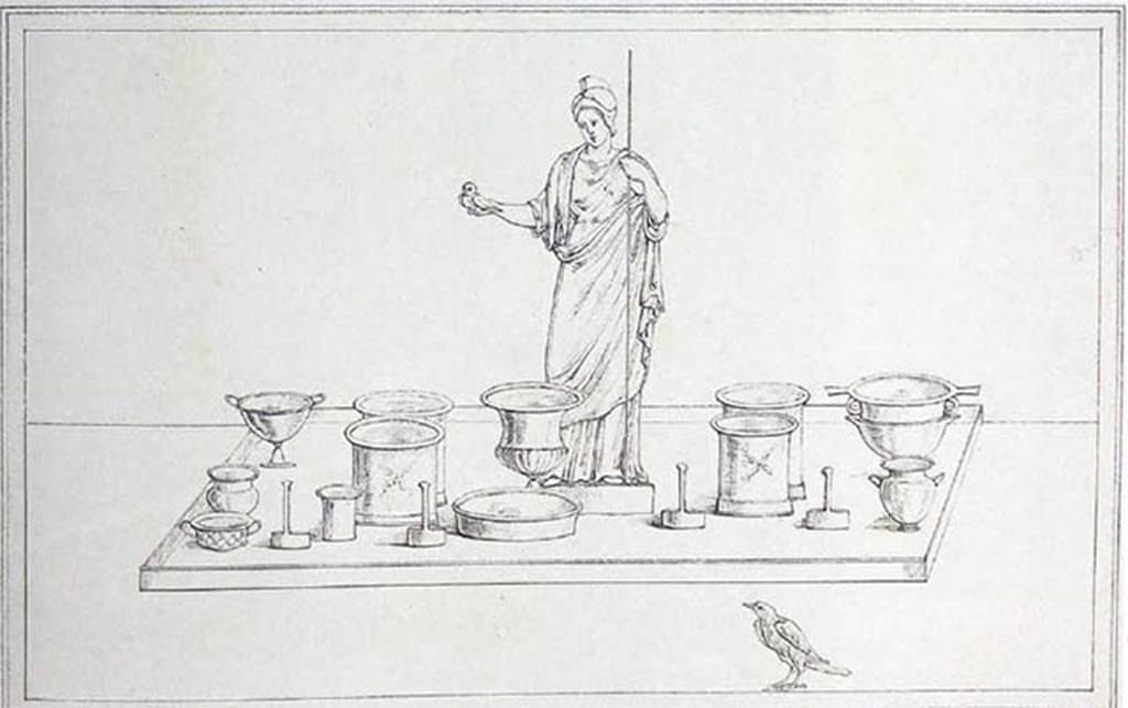 VI.13.2 Pompeii. 1837. Tablinum. Drawing by G. Abbate of drinking vessels arranged around a statue of Athena.
According to CulturaItalia, “Il disegno raffigura un gruppo di vasi potori, probabilmente in argento a giudicare dalle forme, disposti in maniera ordinata su una mensa intorno ad una statuetta di Atena, con elmo e civetta nella destra. Tra i recipienti si riconoscono "skyphoi", "kàntharoi", "simpula". In basso, verso destra, è raffigurato un volatile.”
The drawing depicts a group of drinking vessels, probably silver judging by the shapes, arranged in an orderly manner on a table around a statue of Athena, wearing a helmet and holding an owl in her right hand. Among the containers, you can recognize "simpula", "kàntharoi", "skyphoi". At the bottom, to the right, a bird is depicted.
Photo courtesy of CulturaItalia and its contributors whose copyright it remains.