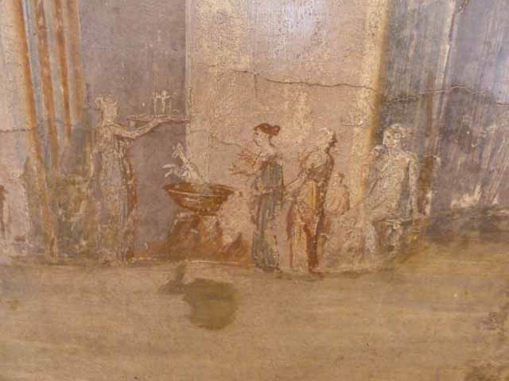 VI.13.2 Pompeii. May 2010. Detail from wall painting in summer triclinium.
Daughters of King Pelias being tricked by Medea, with a magic cauldron.
Now in Naples Archaeological Museum.  Inventory number 111477.