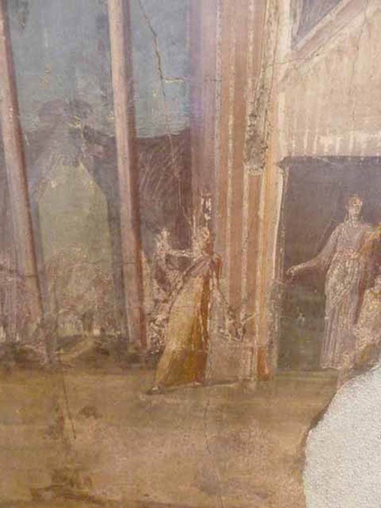 VI.13.2 Pompeii. May 2010. Detail from wall painting in summer triclinium. 
An incredulous Alcestis, is keeping her own counsel. Now in Naples Archaeological Museum.  Inventory number 111477.
