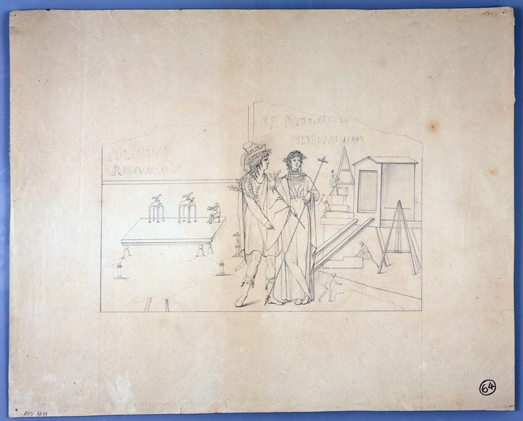 VI.13, between 6 and 7, Pompeii. Anonymous drawing of the above painting MN 9282, which might be attributed to N. La Volpe.
Now in Naples Archaeological Museum. Inventory number ADS 1211.
Photo © ICCD. https://www.catalogo.beniculturali.it
Utilizzabili alle condizioni della licenza Attribuzione - Non commerciale - Condividi allo stesso modo 2.5 Italia (CC BY-NC-SA 2.5 IT)
According to Kuivalainen, there are various scenes in different scales, probably signifying overpainting. 
The main scene consists of two tall figures. 
On the left, a robed man stands with his weight on his left foot; he is wearing high boots and a green tunic and red cloak; the head is in profile, and on his curly hair there rests a substantial wreath; in his right hand there are small greenish branches extending towards his right shoulder; in his left hand he holds a rod, the upper part of which is not visible. 
The female figure stands more frontally; she is fully clothed, wears a double necklace, and has a wreath in her long curly hair. In the crook of her left arm she has a long stick with tiny decorations at both ends.
On the left side of the painting is a scene from a fullonica, with two drying racks (vimineae caveae) with birds on the tops. 
On the right side is a construction site with small figures building temple.
The male figure’s apparel is not very characteristic of Bacchus, but has established parallels, high boots are more common in Pompeii. 
The construction on the right side is too vague to be identified as a temple of Bacchus. 
The birds on the drying racks may be owls, as in the famous graffito (CIL IV 9131).
See Kuivalainen, I., 2021. The Portrayal of Pompeian Bacchus. Commentationes Humanarum Litterarum 140. Helsinki: Finnish Society of Sciences and Letters, (p.125, D2).
