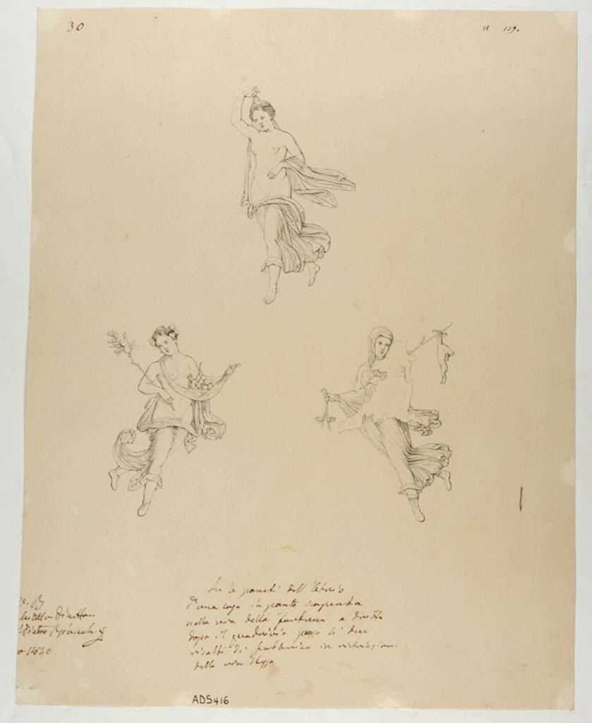 VI.13.6 Pompeii. Drawings by Giuseppe Abbate, 1840, described as panels from an atrium, whether these were from this atrium, or one nearby, is disputable as it is thought that this atrium had medallions with paintings and not panels. 
The two lower figures represent the Seasons, Autumn on the left, and Winter on the right.
See Carratelli, G. P., 2003. Pompei: La documentazione nell'Opera di disegnatori e pittori dei secoli XVIII e XIX. Roma: Istituto della enciclopedia italiana, page 266, no. 49.
Now in Naples Archaeological Museum. Inventory number ADS 416.
Photo © ICCD. http://www.catalogo.beniculturali.it
Utilizzabili alle condizioni della licenza Attribuzione - Non commerciale - Condividi allo stesso modo 2.5 Italia (CC BY-NC-SA 2.5 IT)