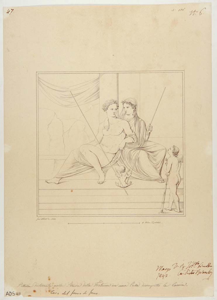 VI.13.6 Pompeii. 
Drawing by Giuseppe Abbate, 1842, of a painting in a side panel of the west wall of the tablinum showing Venus and Adonis, which is only known from this engraving.
Another similar painting of Venus and Adonis was found in a cubiculum on the east side of the atrium. 
Now in Naples Archaeological Museum. Inventory number ADS 411.
Photo © ICCD. https://www.catalogo.beniculturali.it
Utilizzabili alle condizioni della licenza Attribuzione - Non commerciale - Condividi allo stesso modo 2.5 Italia (CC BY-NC-SA 2.5 IT)
See Helbig, W., 1868. Wandgemälde der vom Vesuv verschütteten Städte Campaniens. Leipzig: Breitkopf und Härtel, (Helbig 335).
According to PPM –
“The tablinum was particularly rich in its decoration with three paintings on each of its walls.
On the west wall was the painting with Hercules and Omphale, now in Naples Archaeological Museum, on either side of it was Venus and Adonis and of a Satyr and a Nymph; on the east wall, the central painting was conserved that of Dionysius approaching with his procession towards a sleeping Ariadne and one with the lyre-playing Apollo accompanied by a player with a double flute.”
See Carratelli, G. P., 1990-2003. Pompei: Pitture e Mosaici. V (5). Roma: Istituto della enciclopedia italiana, p. 159.