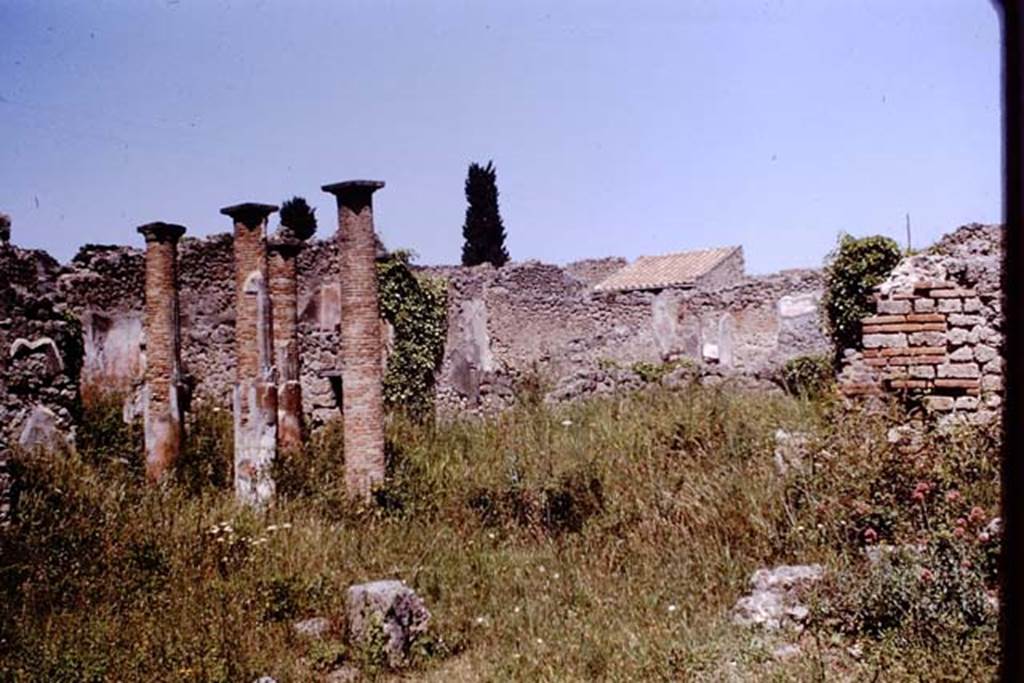 VI.13.6/8 Pompeii. 1964. Looking north-west across peristyle area.  Photo by Stanley A. Jashemski.
Source: The Wilhelmina and Stanley A. Jashemski archive in the University of Maryland Library, Special Collections (See collection page) and made available under the Creative Commons Attribution-Non Commercial License v.4. See Licence and use details.
J64f1090