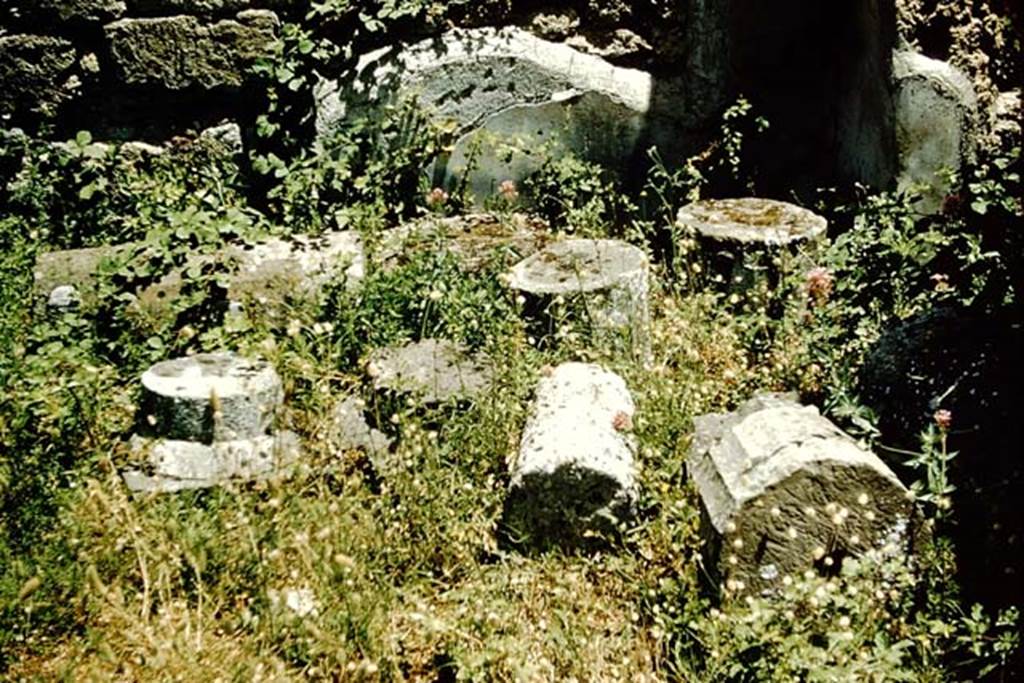 VI.13.6/8 Pompeii. 1957. Broken columns in peristyle area. Photo by Stanley A. Jashemski.
Source: The Wilhelmina and Stanley A. Jashemski archive in the University of Maryland Library, Special Collections (See collection page) and made available under the Creative Commons Attribution-Non Commercial License v.4. See Licence and use details.
J57f0104.