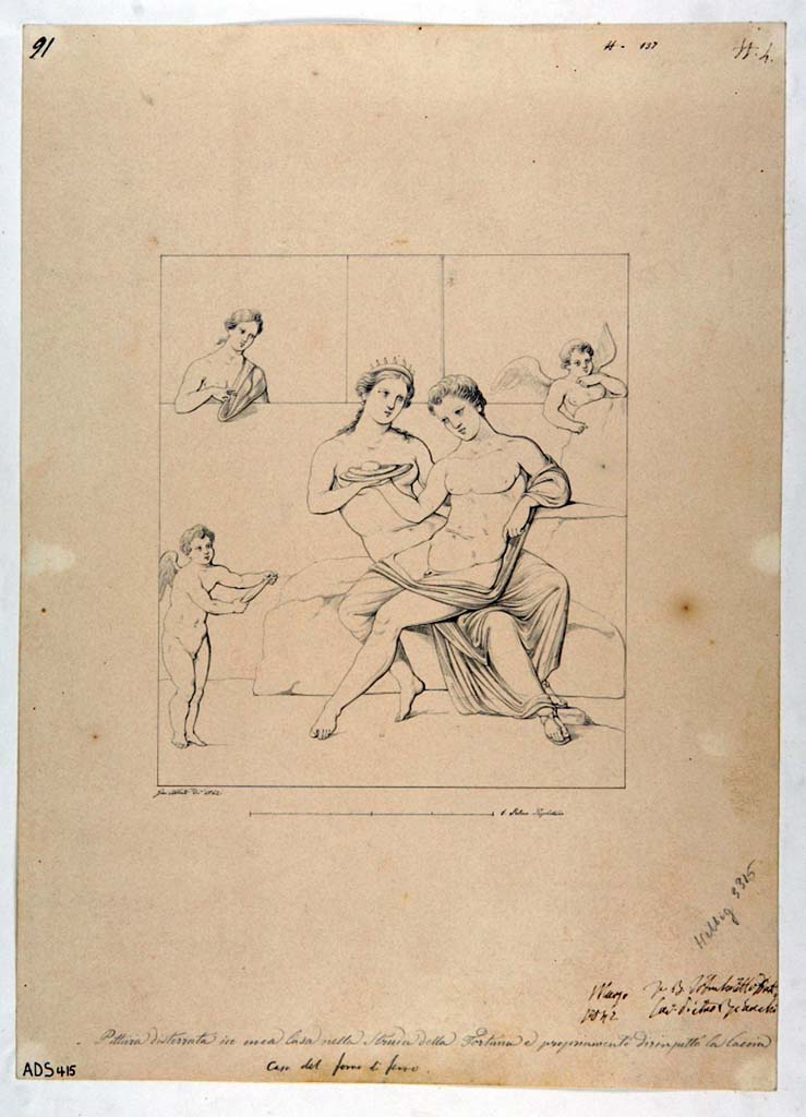 VI.13.6 Pompeii. Drawing by Giuseppe Abbate, 1842, of a painting found July 1837, from the same cubiculum on east side of atrium.
The painting showed Adonis sitting on the lap of Venus, accompanied by three cupids.
Now in Naples Archaeological Museum. Inventory number ADS 415.
Photo © ICCD. http://www.catalogo.beniculturali.it
Utilizzabili alle condizioni della licenza Attribuzione - Non commerciale - Condividi allo stesso modo 2.5 Italia (CC BY-NC-SA 2.5 IT)
See Helbig, W., 1868. Wandgemälde der vom Vesuv verschütteten Städte Campaniens. Leipzig: Breitkopf und Härtel, (331).