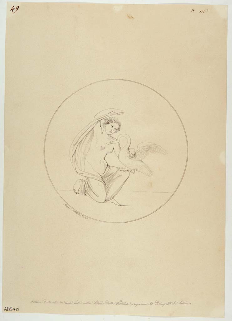 VI.13.6 Pompeii. Drawing by Giuseppe Abbate, 1842, of a medallion of Leda and the Swan in the cubiculum on east side of atrium. 
Now in Naples Archaeological Museum. Inventory number ADS 412.
Photo © ICCD. http://www.catalogo.beniculturali.it
Utilizzabili alle condizioni della licenza Attribuzione - Non commerciale - Condividi allo stesso modo 2.5 Italia (CC BY-NC-SA 2.5 IT)
See Helbig, W., 1868. Wandgemälde der vom Vesuv verschütteten Städte Campaniens. Leipzig: Breitkopf und Härtel, (142)
