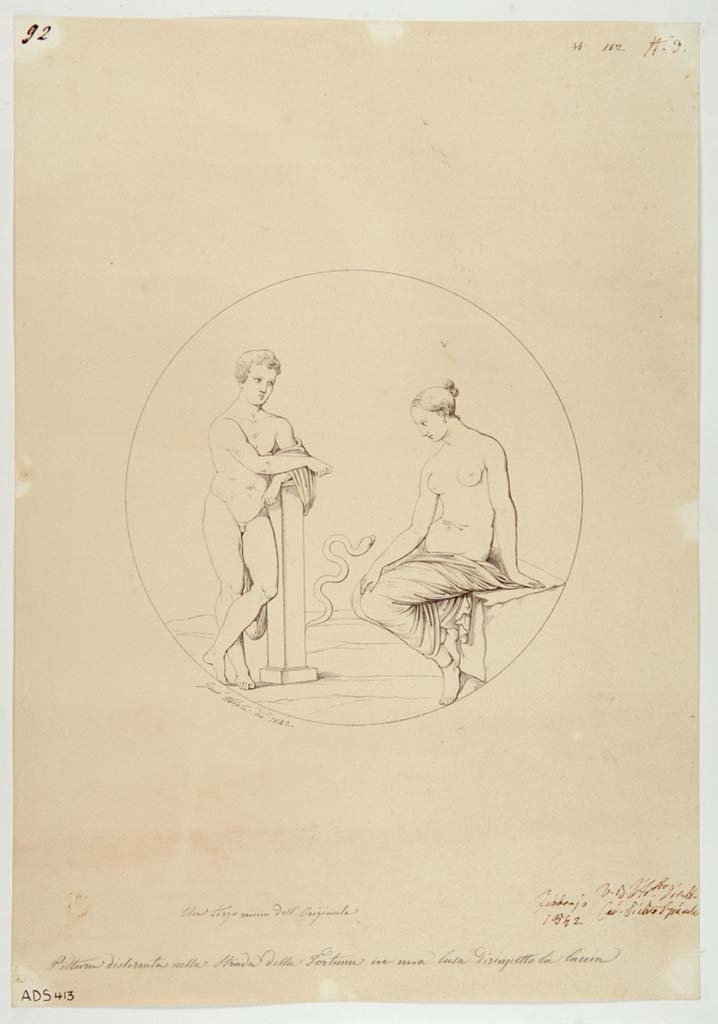 VI.13.6 Pompeii. Drawing by Giuseppe Abbate, 1842, of a medallion, from the same cubiculum, showing a Satyr and Bacchante, but could also be described as Apollo and Dryope.
Now in Naples Archaeological Museum. Inventory number ADS 413.
Photo © ICCD. http://www.catalogo.beniculturali.it
Utilizzabili alle condizioni della licenza Attribuzione - Non commerciale - Condividi allo stesso modo 2.5 Italia (CC BY-NC-SA 2.5 IT)
See Helbig, W., 1868. Wandgemälde der vom Vesuv verschütteten Städte Campaniens. Leipzig: Breitkopf und Härtel, (1392).