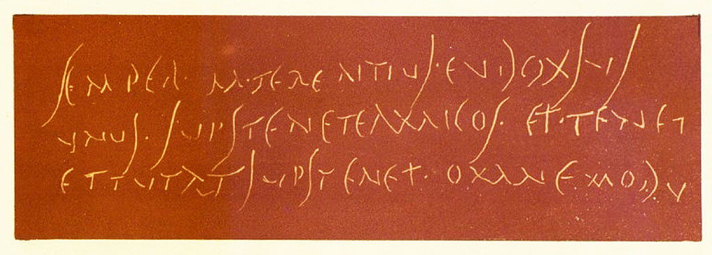 VI.13.6 Pompeii. 1874. Cubicle to the left of the peristyle. Drawing of graffito as published by Presuhn.
See Presuhn, E. Pompei les dernières fouilles de 1874-75 , La Troisième Ile pl. III.