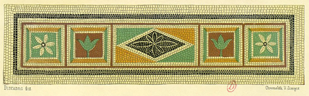 VI.13.13 Pompeii. Painting by Discanno of threshold mosaic.
According to Presuhn, No.13,14,15,18 –
“a large patrician dwelling extending across the insula and having a rear door at VI.13.18. 
See Presuhn, E. Pompei les dernières fouilles de 1874-75, section VI, plate IV lower.