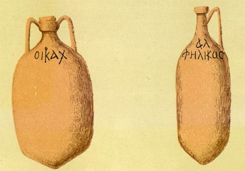 VI.13.17 Pompeii. 1874 painting by Discanno of two amphorae with their ancient labels.
The house belonged to a wine-merchant, who lived on the other side of the insula at VI.13.16, and had a bar on this side of the insula. 
Many wine amphorae were found in the garden area “e”, which were interesting because of their Greek inscriptions. 
Presuhn reproduced a drawing by Discanno of two of the amphorae with their ancient writing.
He suggests the names designate the owners of the different crűs of wine, “as well as nowadays they say: Marsala Florio, or Champagne Moët”.
See Presuhn, E. Pompei les derničres fouilles de 1874-75. Section VI, page 5, plate III.