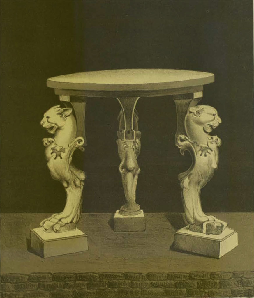 VI.13.13 Pompeii. Drawing of marble table in peristyle, “whose feet are artistically worked”. 
See Presuhn, E. Pompei les dernières fouilles de 1874-75, section VI, plate V.