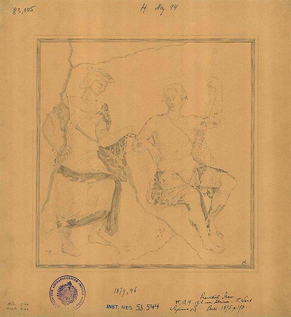 VI.13.19 Pompeii. Triclinium on north side of atrium, west wall.
1879 drawing by A. Sikkard of the painting of Atalanta (standing) and Meleager (seated). 
DAIR 53.544. Photo © Deutsches Archäologisches Institut, Abteilung Rom, Arkiv. 
See http://arachne.uni-koeln.de/books/archive/A-VII-32/102