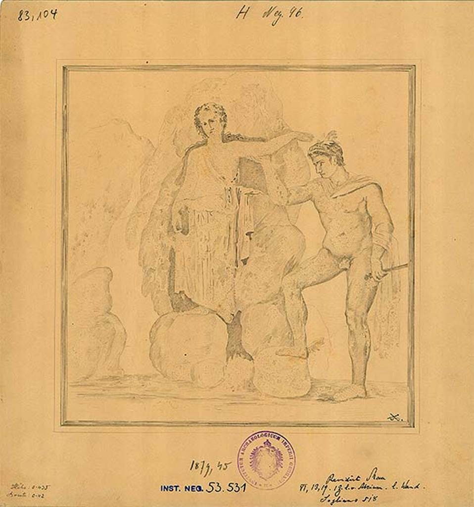 VI.13.19 Pompeii. Triclinium on north side of atrium, east wall.
1879 drawing by A. Sikkard of the painting of Perseus and Andromeda. 
DAIR 53.531. Photo © Deutsches Archäologisches Institut, Abteilung Rom, Arkiv. 
See http://arachne.uni-koeln.de/books/archive/A-VII-32/100