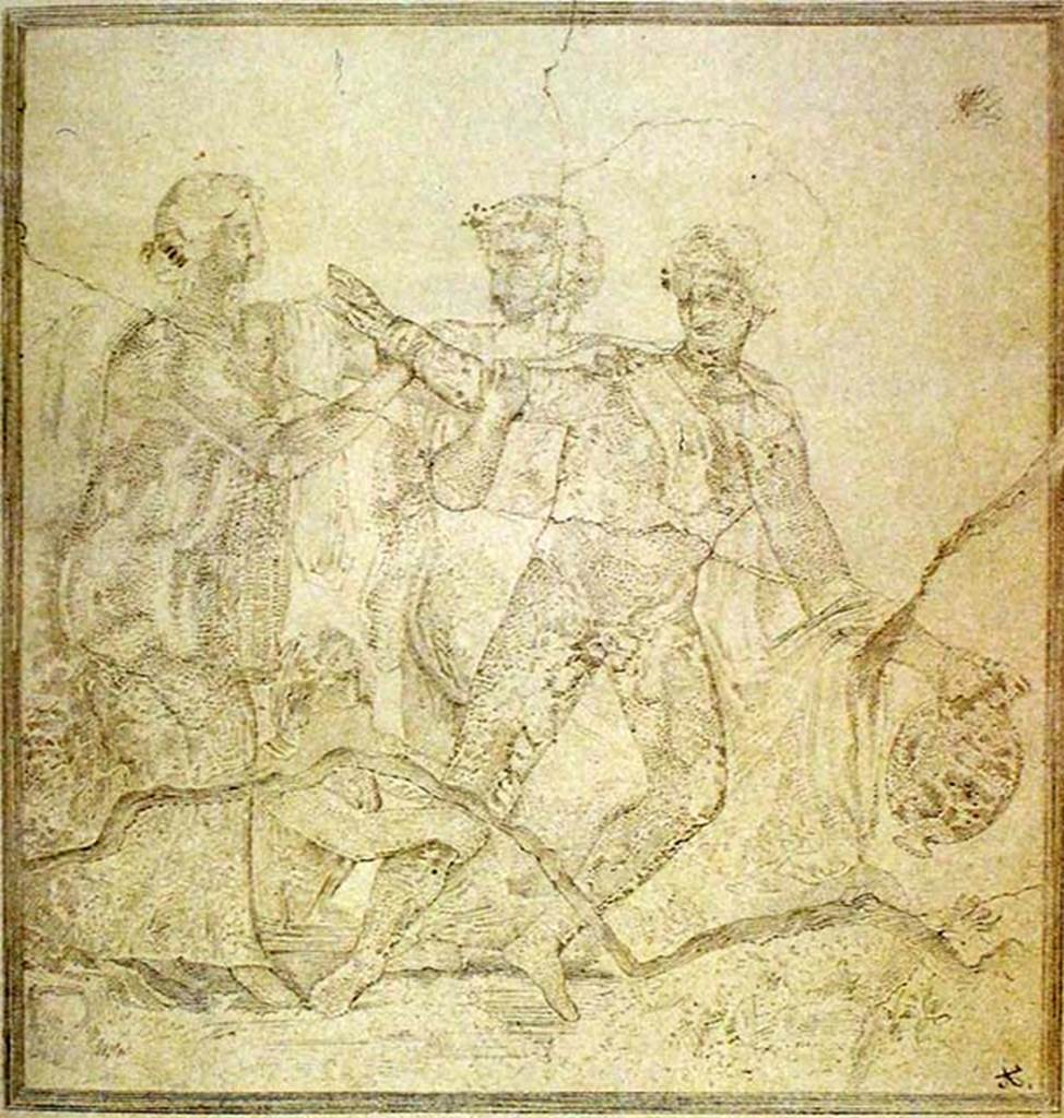 VI.13.19 Pompeii. Triclinium on north side of atrium, south wall.
Drawing by A. Sikkard of the painting of Hylas and the Nymphs. 
Photo © Deutsches Archäologisches Institut, Abteilung Rom, Arkiv. 
See Jahrbuch des Deutschen Archäologischen Instituts, Berlin, 1897, Taf. 4.