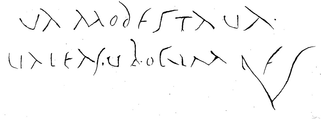 VI.13.19 Pompeii. Drawing of graffito from room on north side of corridor/fauces.
According to Presuhn, 
Dans le corridor (fauces), s'ouvre une autre chambre, sur le mur blanc de laquelle (c) nous avons
copié ce joli salut à une jeune fille :
VA(LE) MODESTA, VA(LE). VALEAS VBICUMQ(V)E (E)S.
« Salut, Modesta, salut : sois heureuse, où que tu sois. »
See Presuhn, E. Pompei les dernieres fouilles de 1874-75, section VI, page 6, plate VII.
Translation :
In the corridor (fauces), opens another chamber, on the white wall of which (c) we have
Copied this nice greeting to a young girl:
VA(LE) MODESTA, VA(LE). VALEAS VBICUMQ(V)E (E)S.
"Hi, Modesta, hello: Be happy, wherever you are."