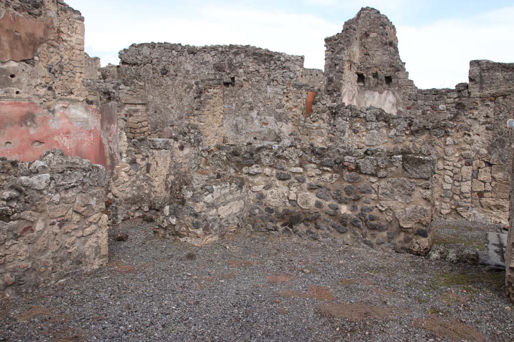 VI.14.8 Pompeii. October 2020. Doorway to small room, the cubiculum, and east side of shop with doorway to VI.14.9, on right. 
Photo courtesy of Klaus Heese.