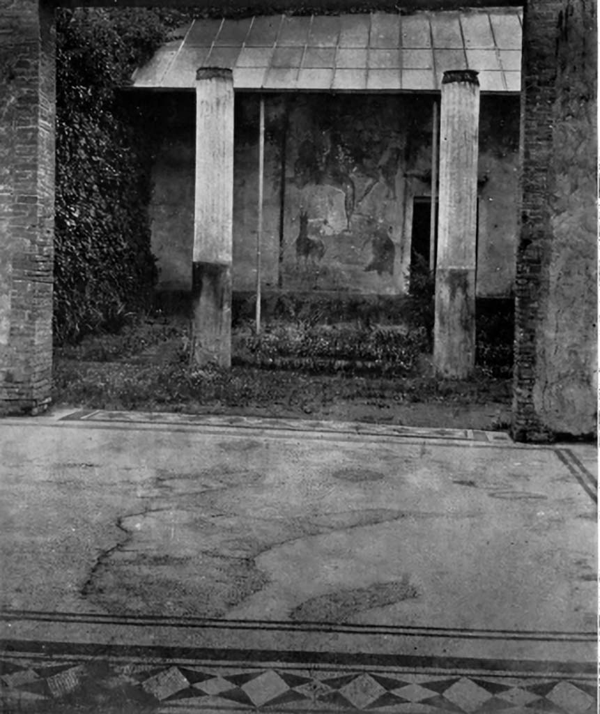 VI.14.20 Pompeii. c.1930. Room 4, looking west across threshold and mosaic flooring in tablinum, from atrium.
See Blake, M., (1930). The pavements of the Roman Buildings of the Republic and Early Empire. Rome, MAAR, 8, (p.98,103,104 ftn 1, & Pl. 31, tav.3).