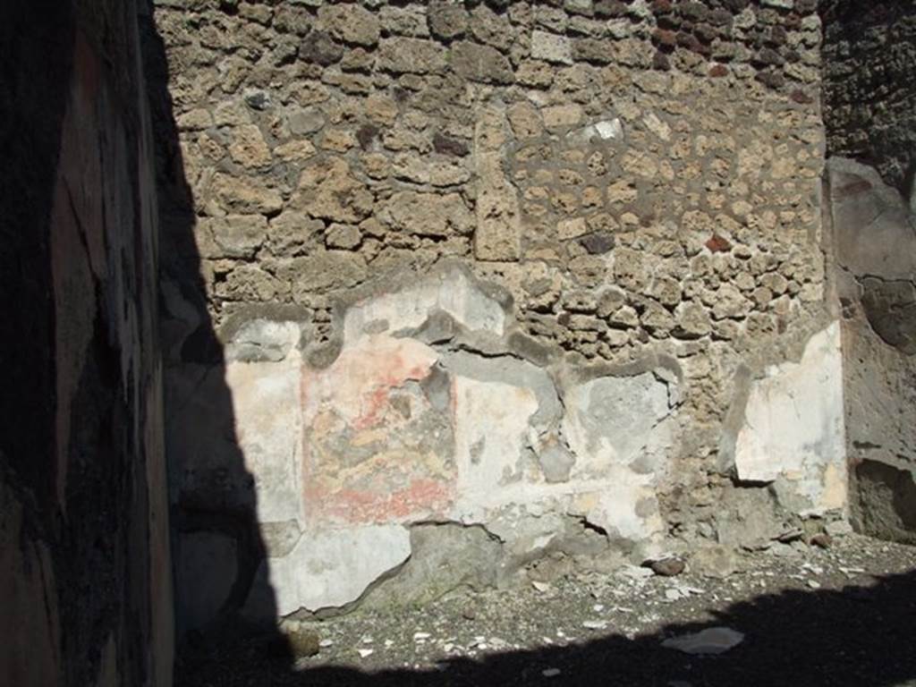 VI.14.20 Pompeii. March 2009. Room 7, north wall.
According to PPM –
“On the north wall the black zoccolo with yellow squares was preserved and sections of the middle zone with central aedicula, and red side panels with medallions (35cm diameter) and black (?) in the corners. III Style.
See Carratelli, G. P., 1990-2003. Pompei: Pitture e Mosaici: Vol. V. Roma: Istituto della enciclopedia italiana, p.272, no.12.