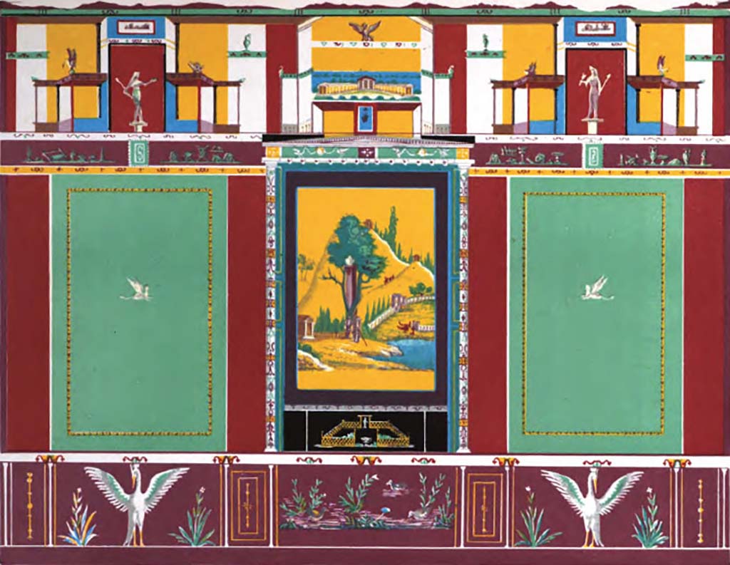 VI.14.20 Pompeii.1878.  Room 10, triclinium north wall with landscape painting.
See Presuhn E., 1878. Pompeji: Die Neuesten Ausgrabungen von 1874 bis 1878. Leipzig: Weigel. (III, Plate X)