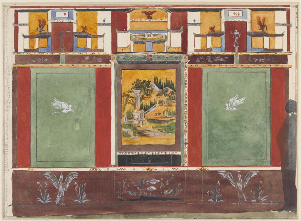 VI.14.20 Pompeii. Undated (c.1870’s) painting by Sydney Vacher of painted north wall from triclinium 10. 
Photo © Victoria and Albert Museum, inventory number E.4374-1910
