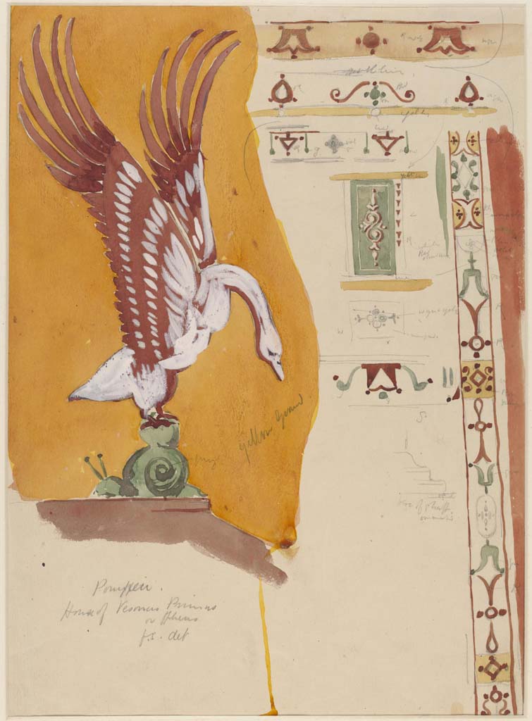 VI.14.20 Pompeii. Undated (c.1870’s) painting by Sydney Vacher of detail of painted decorations from north wall of triclinium 10. 
Photo © Victoria and Albert Museum, inventory number E.4375-1910.