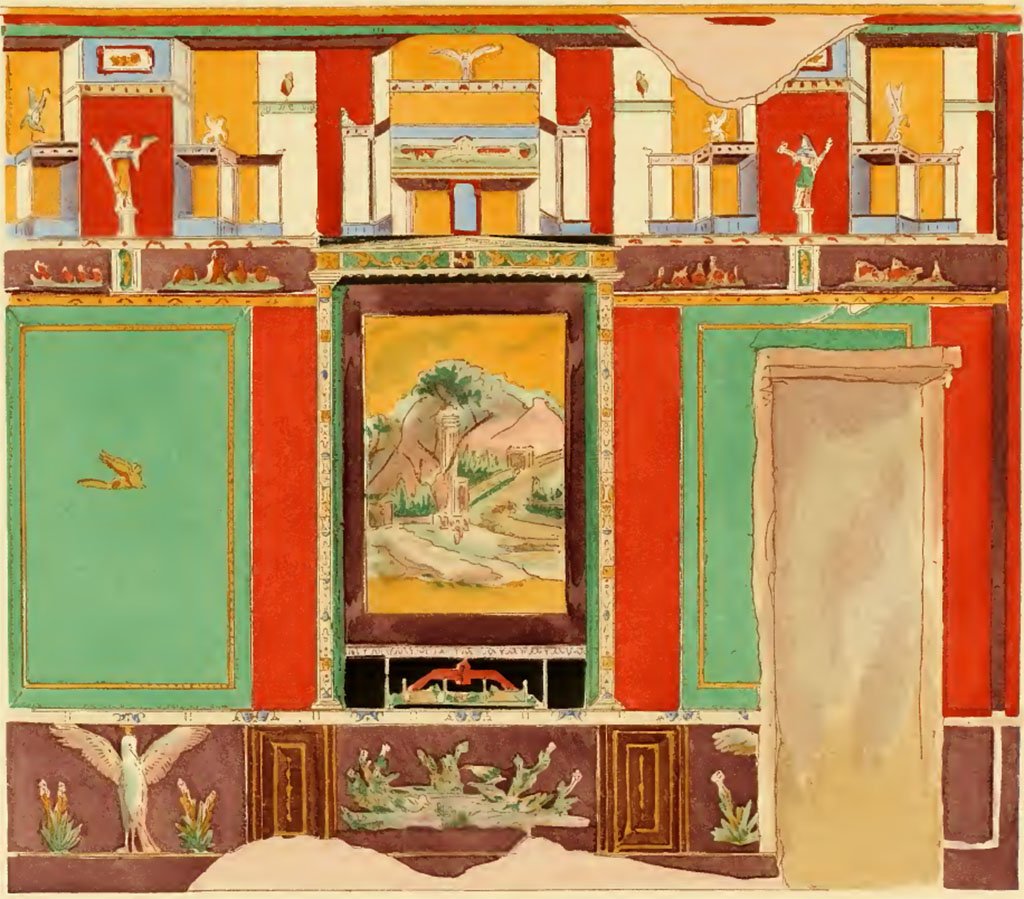 VI.14.20 Pompeii. Undated drawing by Pierre Gusman. Room 10, triclinium south wall. 
(VII. Triclinium de la maison de l'Orphée ou de Vesonius Primus (Région VI, 14, 20). Style égyptisant.)
See Gusman P., 1924. La Décoration Murale de Pompei. Paris : Morancé, pl. VII.