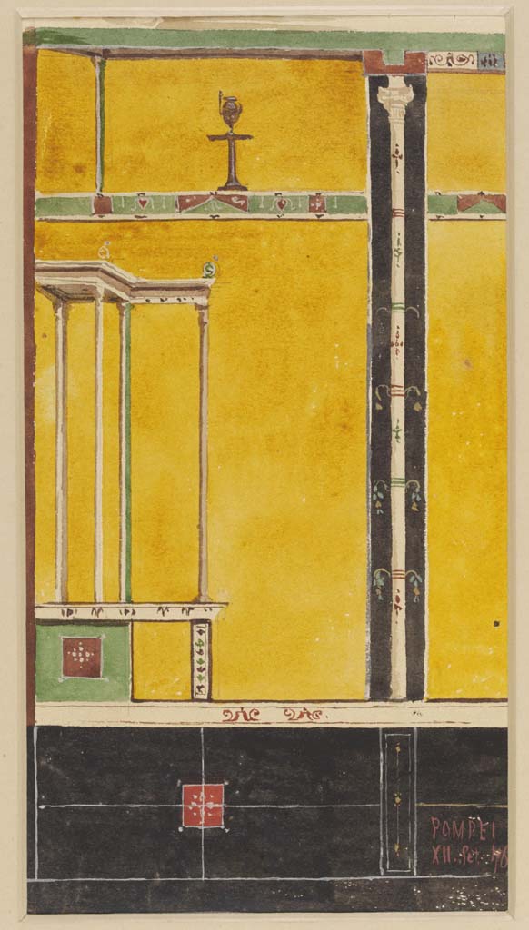 VI.14.20 Pompeii. 12th September 1876. Watercolour by Luigi Bazzani.
Room 13, detail from south wall in south-east corner.
Photo © Victoria and Albert Museum. Inventory number 2057-1900. 
See Schefold, K., 1962. Vergessenes Pompeji. Bern: Francke, (Room r, taf.143).