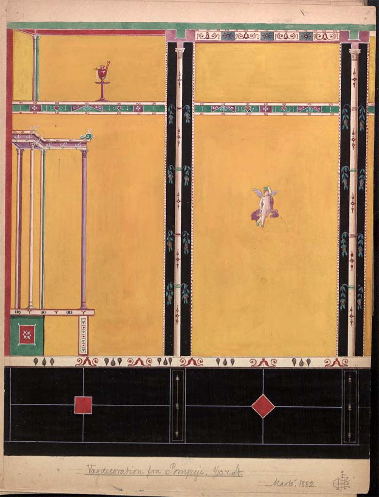 VI.14.20 Pompeii. March 1882. 
Painting by Hector Estrup (1854-1904) from his Sketchbook 1882, from south wall of room 13.
Photo © Danmarks Kunstbibliotek, inventory number 52694
See Skitsebog Hector Estrup (1854-1904) Italiensrejse 1882, pl. 10. 
© Danmarks Kunstbibliotek, inventory number 52694.
http://kunstbib.dk/en/collections/sketchbooks/sketchbooks/000036205