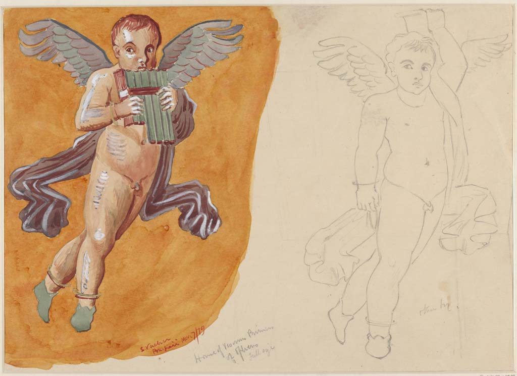 VI.14.20 Pompeii. 7th March 1879. Room 13. Painting by Sydney Vacher of cupid with pan pipes from west wall and drawing of cupid from south wall.
Photo © Victoria and Albert Museum, inventory number E.4413-1910.
