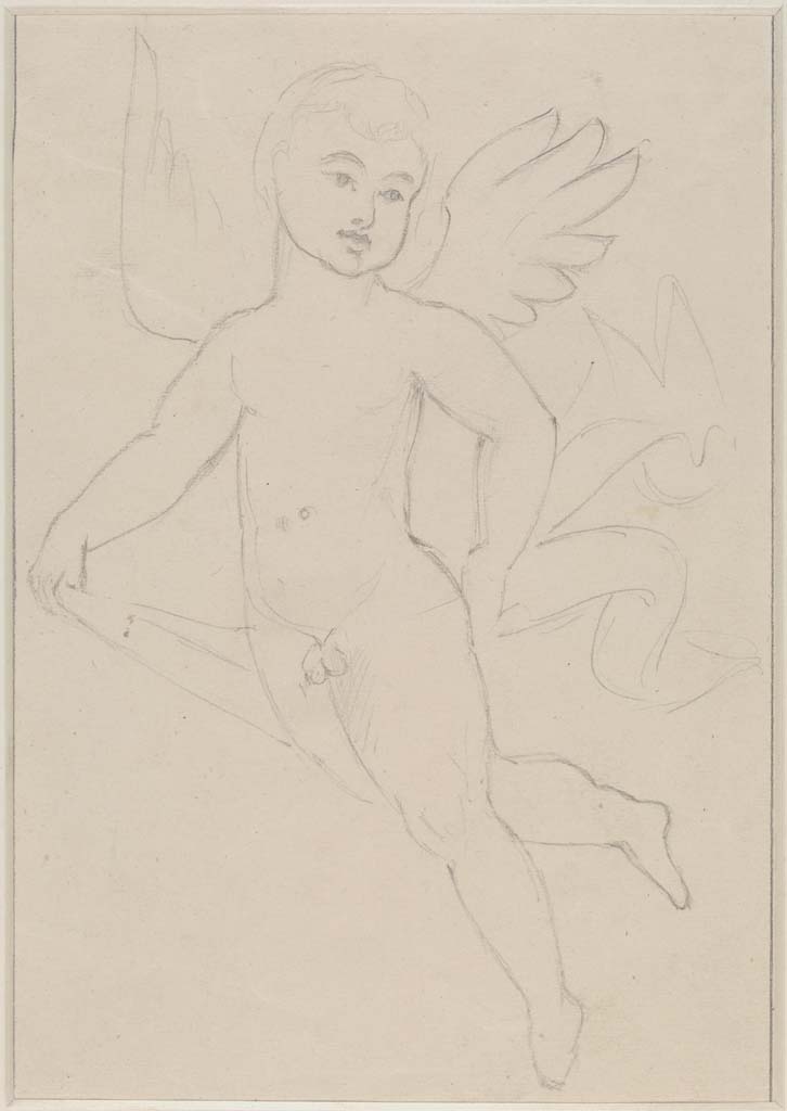 VI.14.20 Pompeii. Undated sketch/drawing of cupid by Sydney Vacher. 
(Note: this may or may not have come from the same room 13, as the above one, or not even from this house !)
Photo © Victoria and Albert Museum, inventory number E.4416-1910.