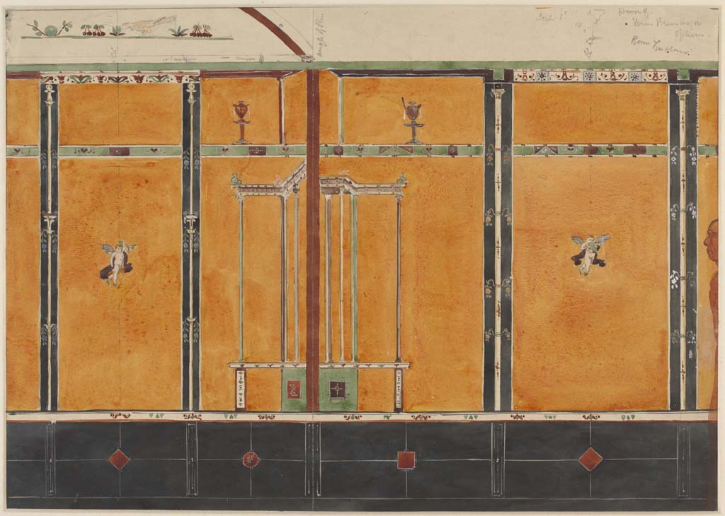 VI.14.20 Pompeii. Undated (c.1870’s) painting by Sydney Vacher showing painted decoration on south and west walls of room 13, small room/cubiculum.  
Photo © Victoria and Albert Museum, inventory number E.4412-1910.